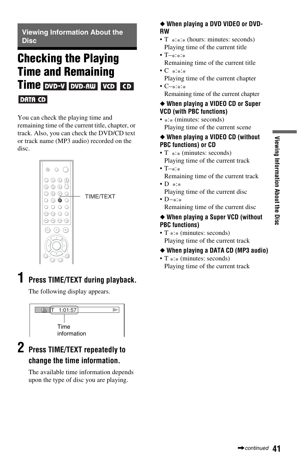 Viewing information about the disc, Checking the playing time and remaining time | Sony DVP-NS575PB User Manual | Page 41 / 80