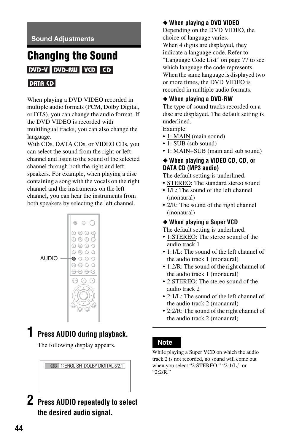 Sound adjustments, Changing the sound | Sony DVP-NS575PB User Manual | Page 44 / 80