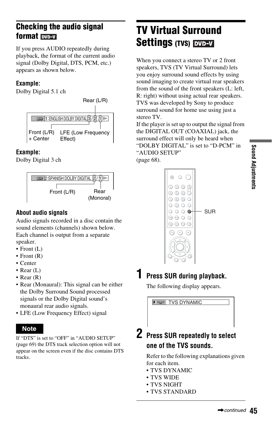 Tv virtual surround settings (tvs), N (45, Tv virtual surround settings | Checking the audio signal format | Sony DVP-NS575PB User Manual | Page 45 / 80