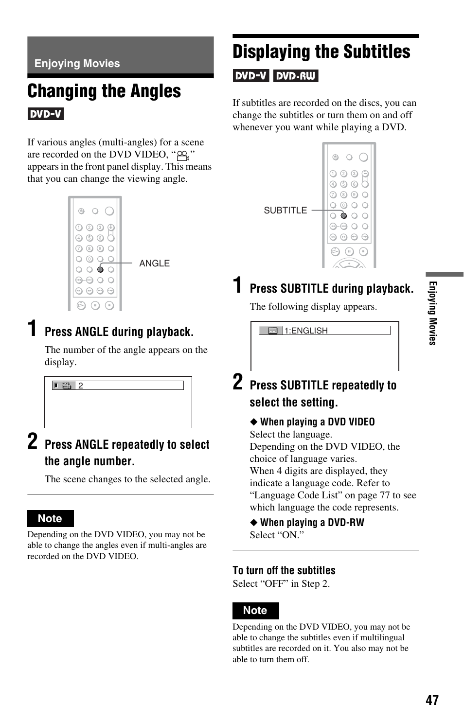 Enjoying movies, Changing the angles, Displaying the subtitles | Changing the angles displaying the subtitles | Sony DVP-NS575PB User Manual | Page 47 / 80