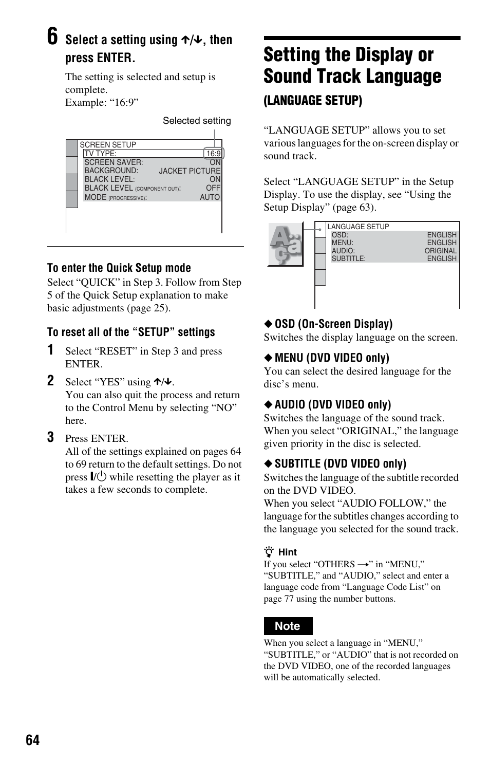 Setting the display or sound track language, Select a setting using x / x , then press enter, Language setup) | Sony DVP-NS575PB User Manual | Page 64 / 80