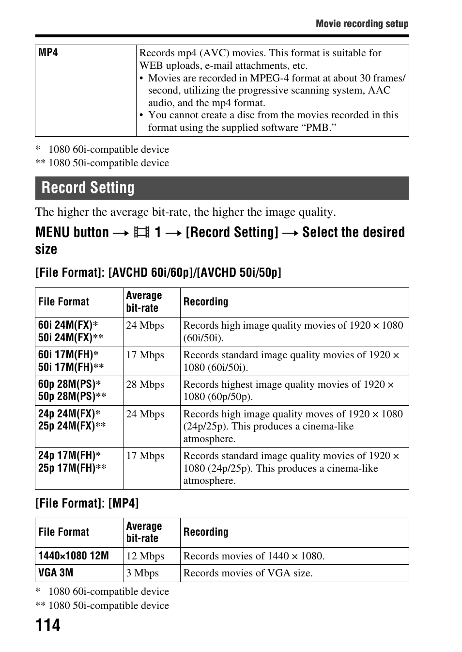 Record setting | Sony SLT-A77VM User Manual | Page 114 / 242