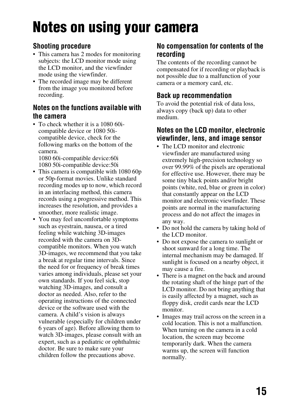 Notes on using your camera | Sony SLT-A77VM User Manual | Page 15 / 242