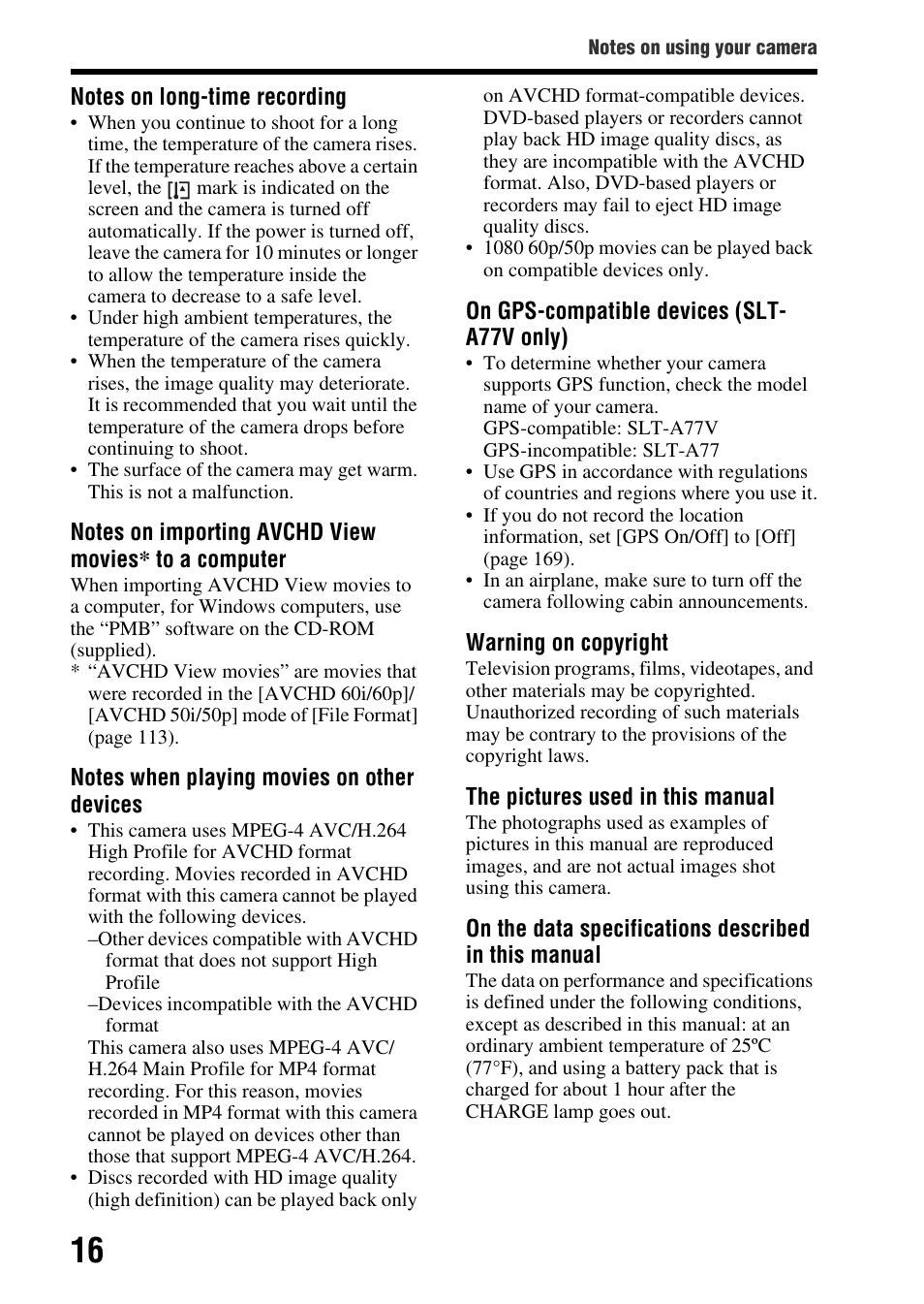 Sony SLT-A77VM User Manual | Page 16 / 242