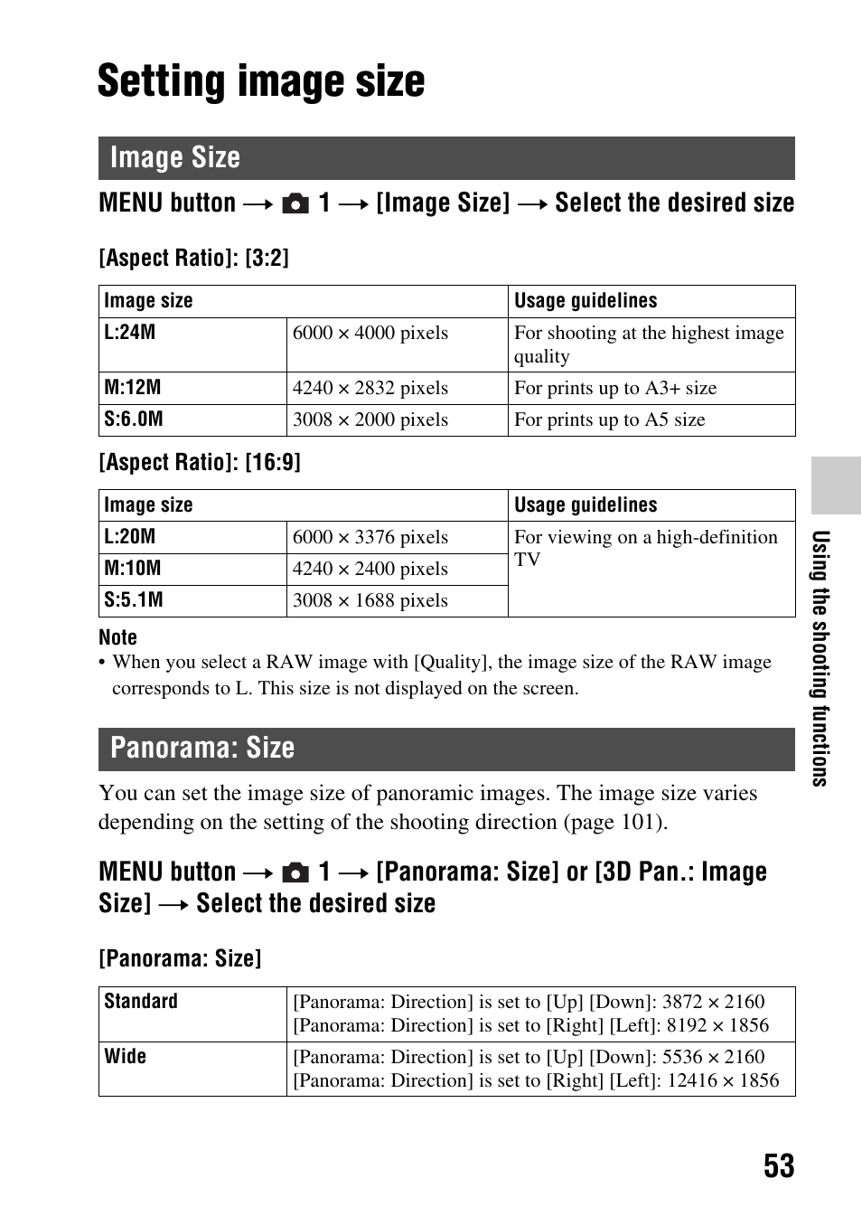 Setting image size, Image size, Panorama: size | Image size panorama: size | Sony SLT-A77VM User Manual | Page 53 / 242