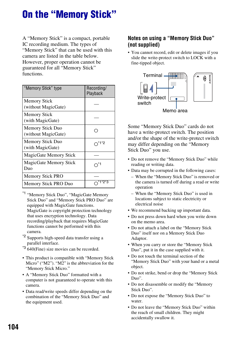 On the “memory stick | Sony DSC-W55BDL User Manual | Page 104 / 111