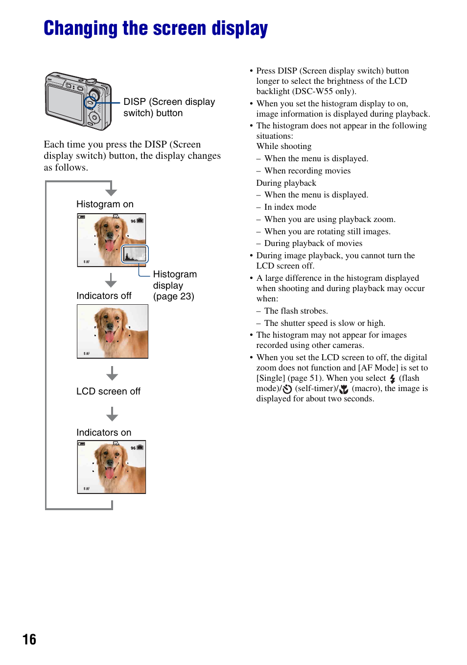 Changing the screen display | Sony DSC-W55BDL User Manual | Page 16 / 111