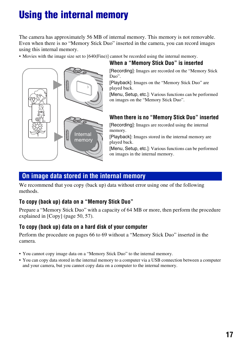 Using the internal memory | Sony DSC-W55BDL User Manual | Page 17 / 111