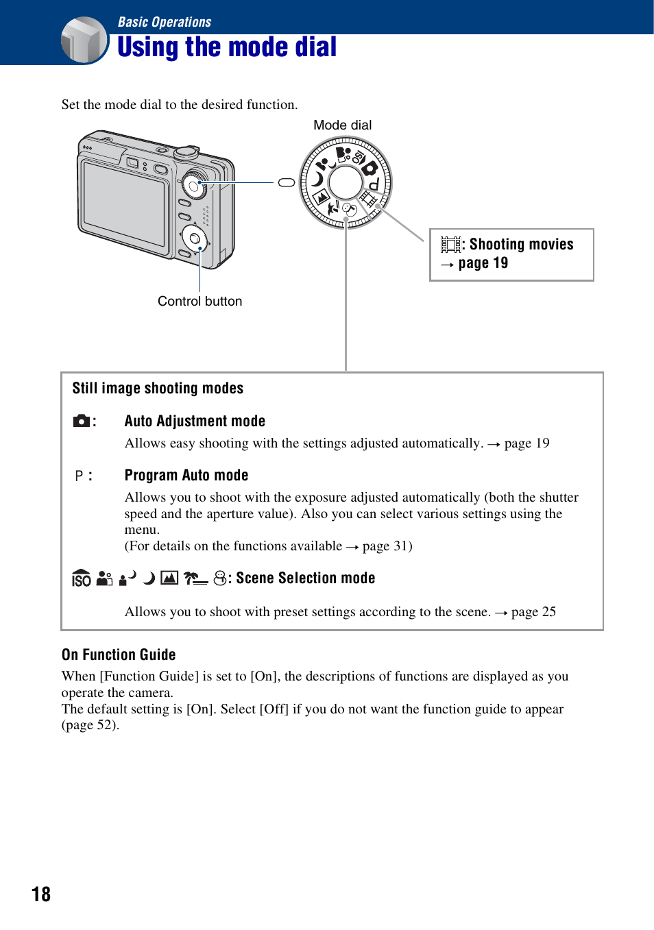 Basic operations, Using the mode dial | Sony DSC-W55BDL User Manual | Page 18 / 111