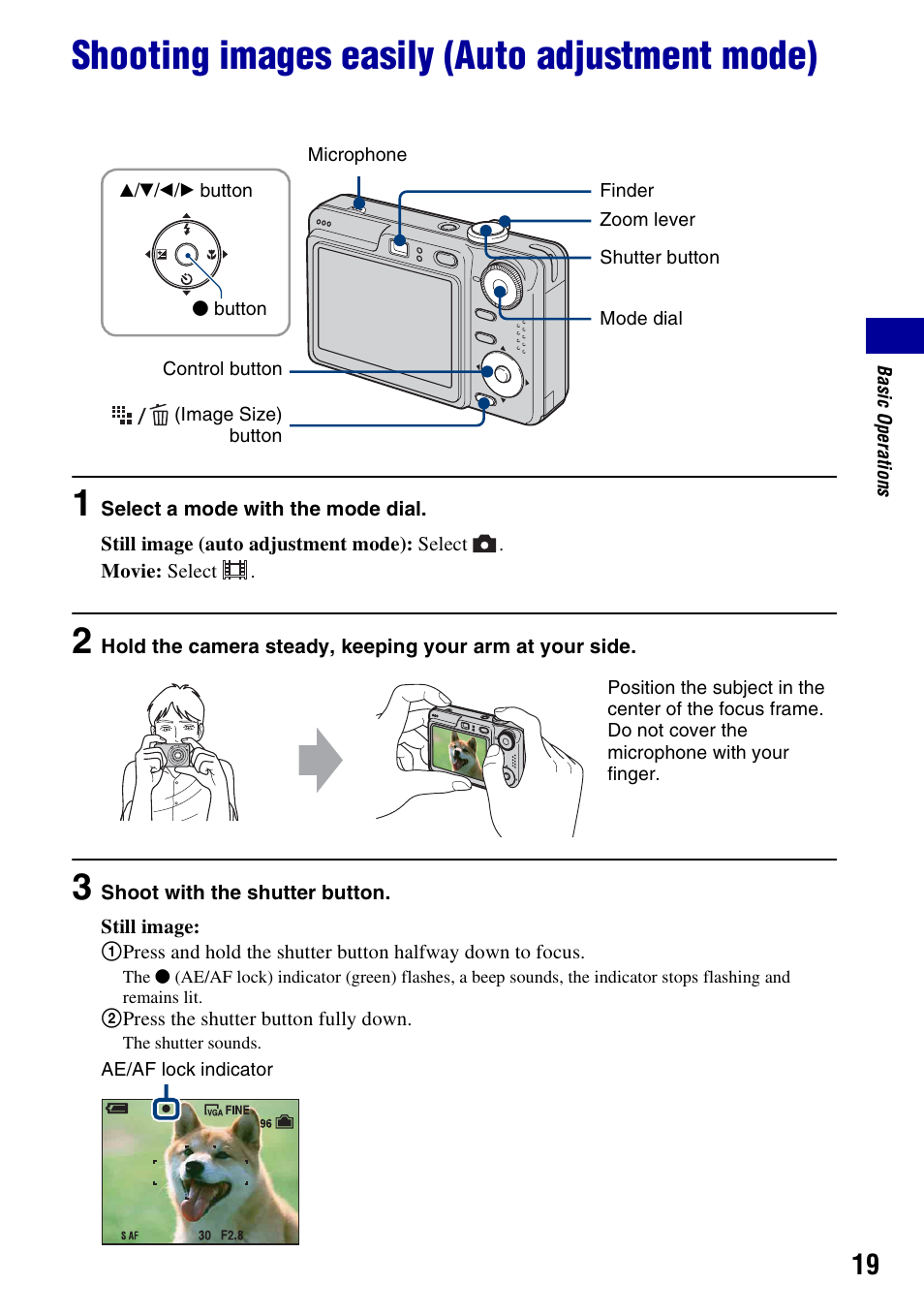 Shooting images easily (auto adjustment mode), On (19) | Sony DSC-W55BDL User Manual | Page 19 / 111