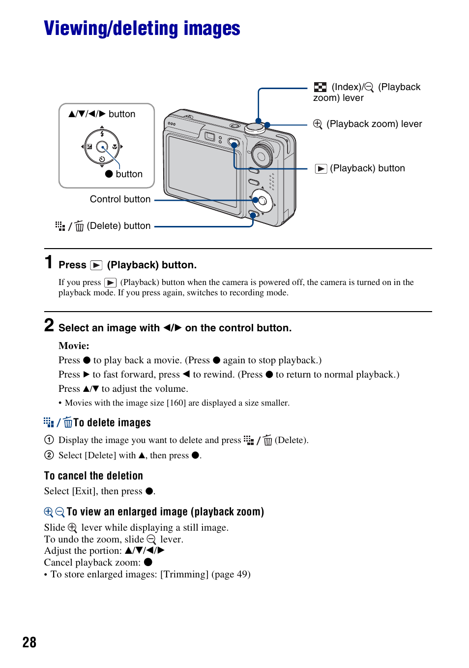 Viewing/deleting images, On (28) | Sony DSC-W55BDL User Manual | Page 28 / 111