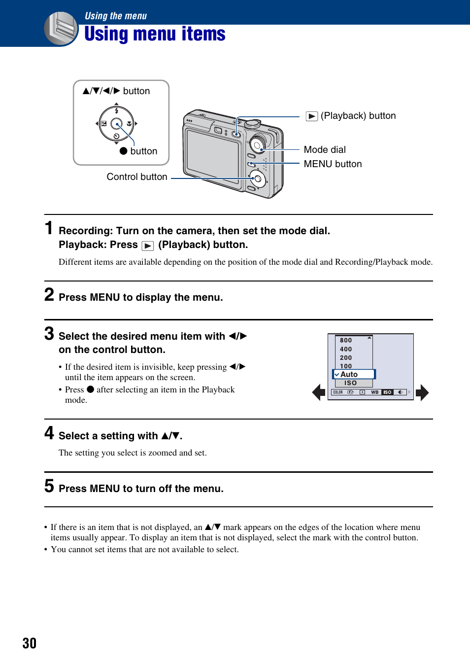 Using the menu, Using menu items | Sony DSC-W55BDL User Manual | Page 30 / 111