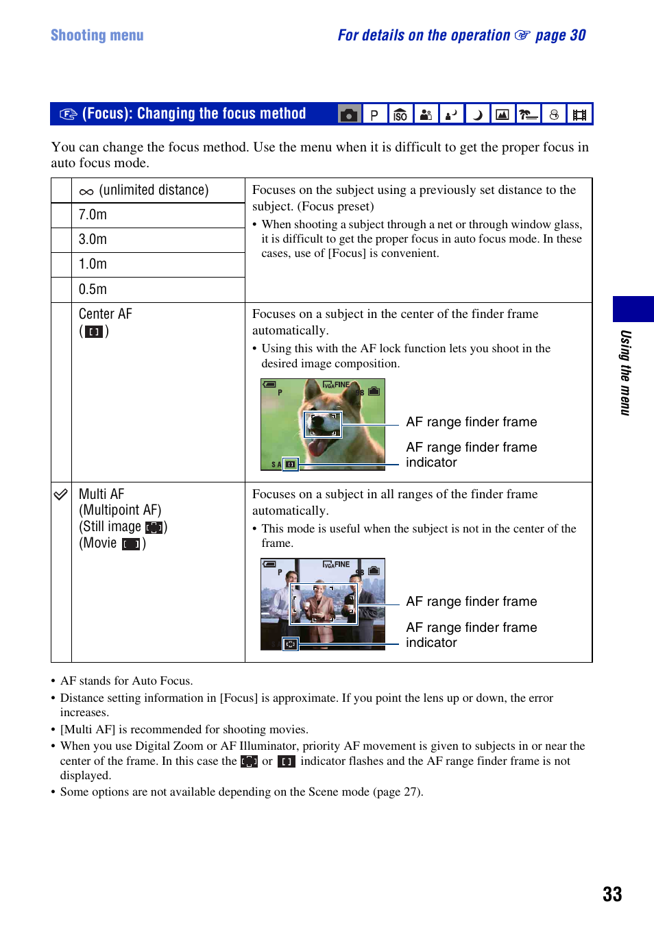 Focus: changing the focus method, Focus): changing the focus method | Sony DSC-W55BDL User Manual | Page 33 / 111