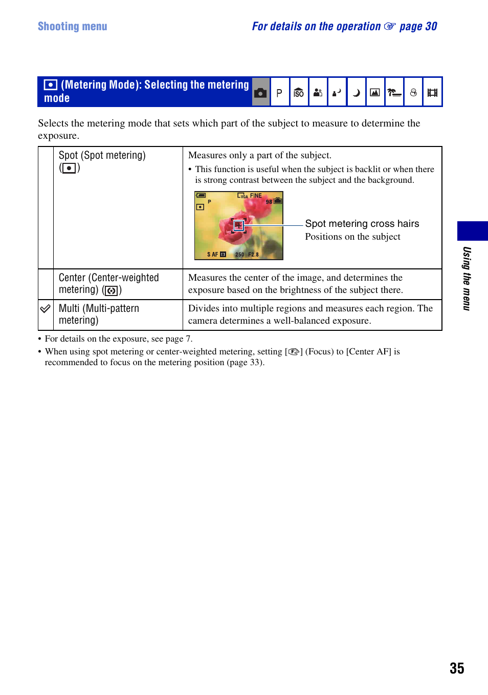 Metering mode: selecting the metering mode, Metering mode): selecting the metering mode | Sony DSC-W55BDL User Manual | Page 35 / 111