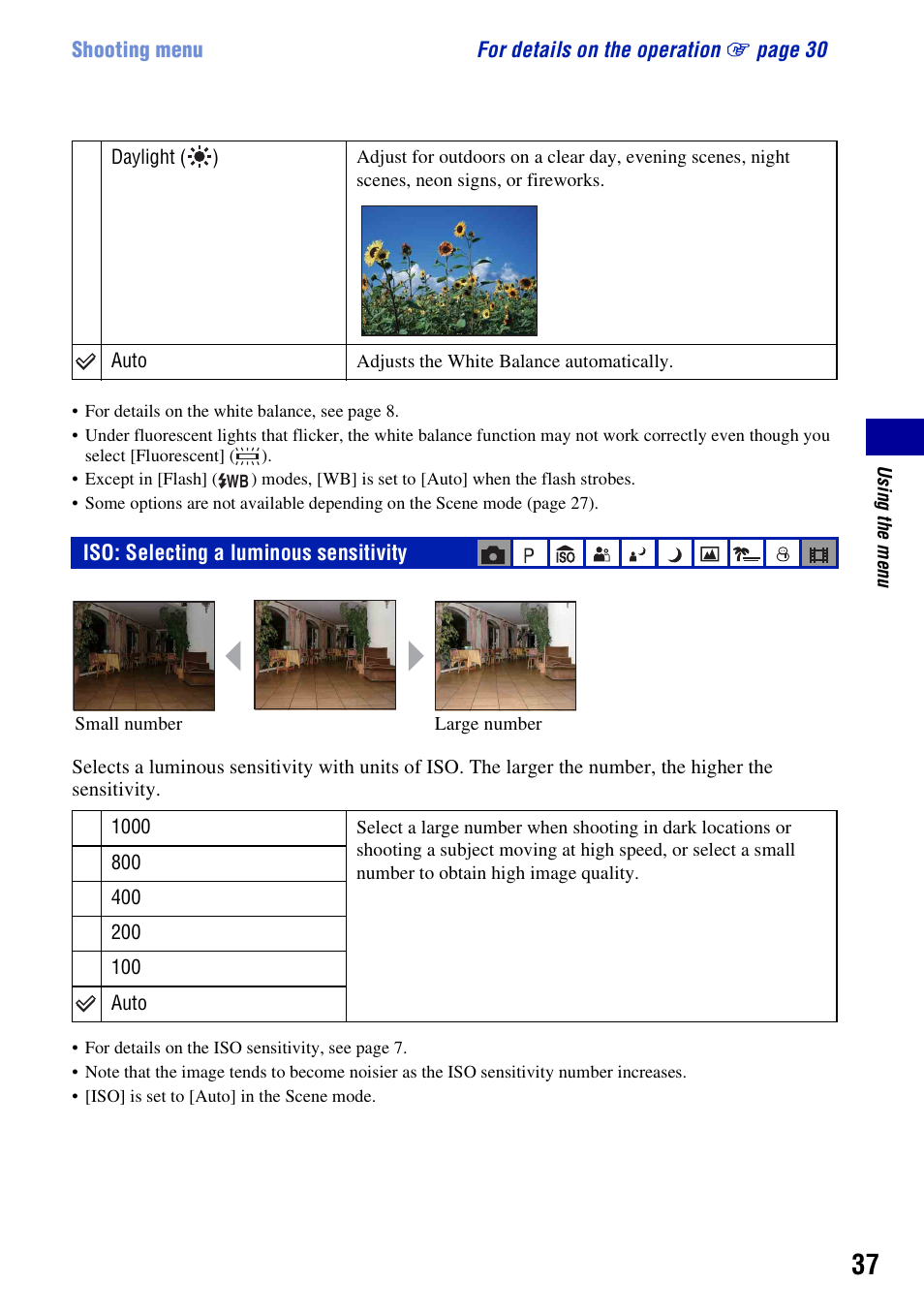 Iso: selecting a luminous sensitivity | Sony DSC-W55BDL User Manual | Page 37 / 111