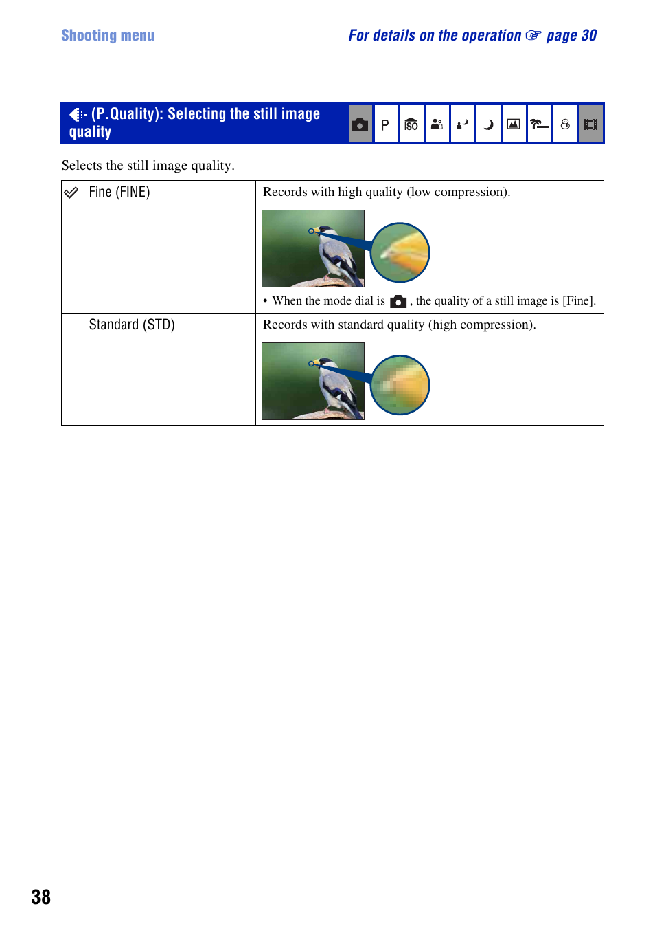 P.quality: selecting the still image quality, P.quality): selecting the still image quality | Sony DSC-W55BDL User Manual | Page 38 / 111