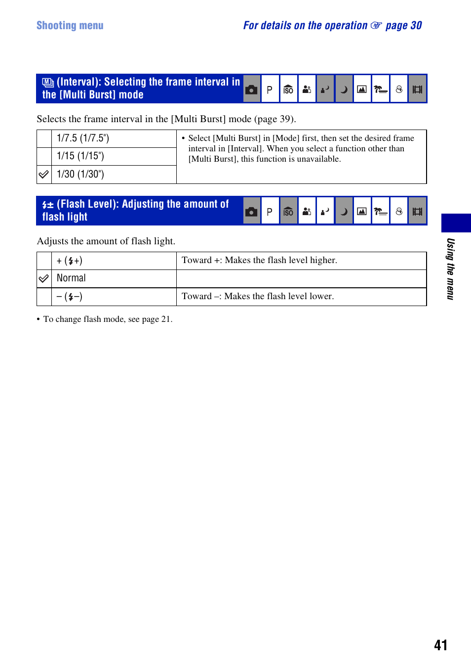 Flash level: adjusting the amount of flash light | Sony DSC-W55BDL User Manual | Page 41 / 111