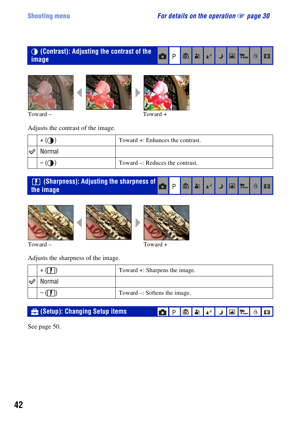 Contrast: adjusting the contrast of the image, Sharpness: adjusting the sharpness of the image, Setup: changing setup items | Contrast): adjusting the contrast of the image, Sharpness): adjusting the sharpness of the image, Setup): changing setup items | Sony DSC-W55BDL User Manual | Page 42 / 111