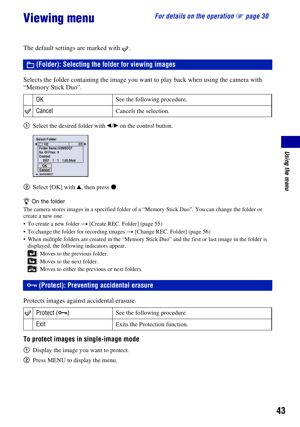 Viewing menu, Folder: selecting the folder for viewing images, Protect: preventing accidental erasure | Folder): selecting the folder for viewing images, Protect): preventing accidental erasure | Sony DSC-W55BDL User Manual | Page 43 / 111