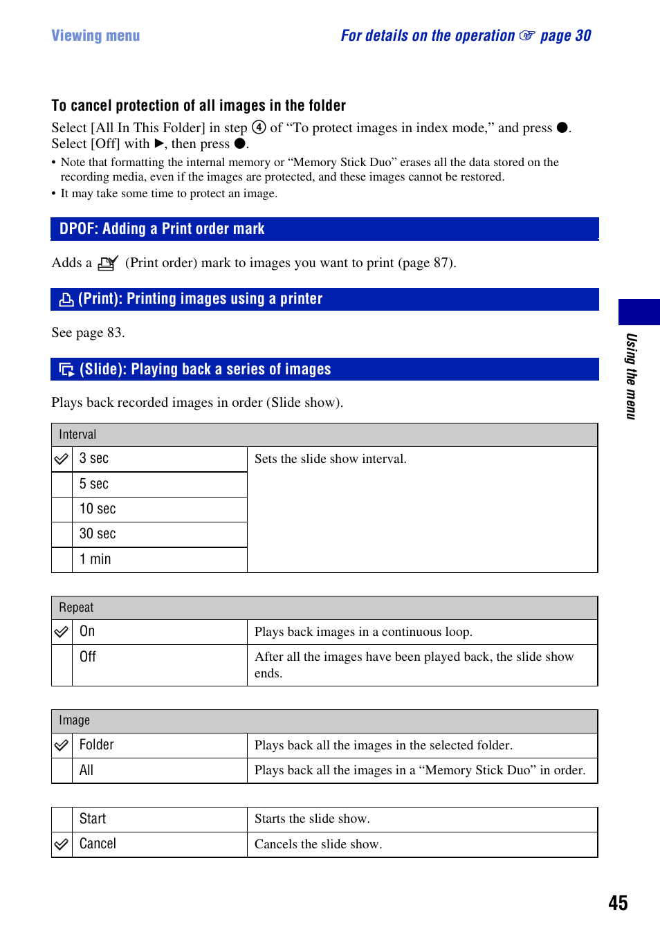 Dpof: adding a print order mark, Print: printing images using a printer, Slide: playing back a series of images | Print): printing images using a printer, Slide): playing back a series of images | Sony DSC-W55BDL User Manual | Page 45 / 111