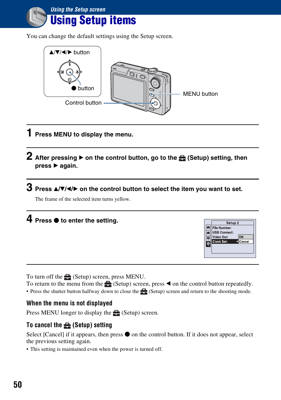 Using the setup screen, Using setup items | Sony DSC-W55BDL User Manual | Page 50 / 111
