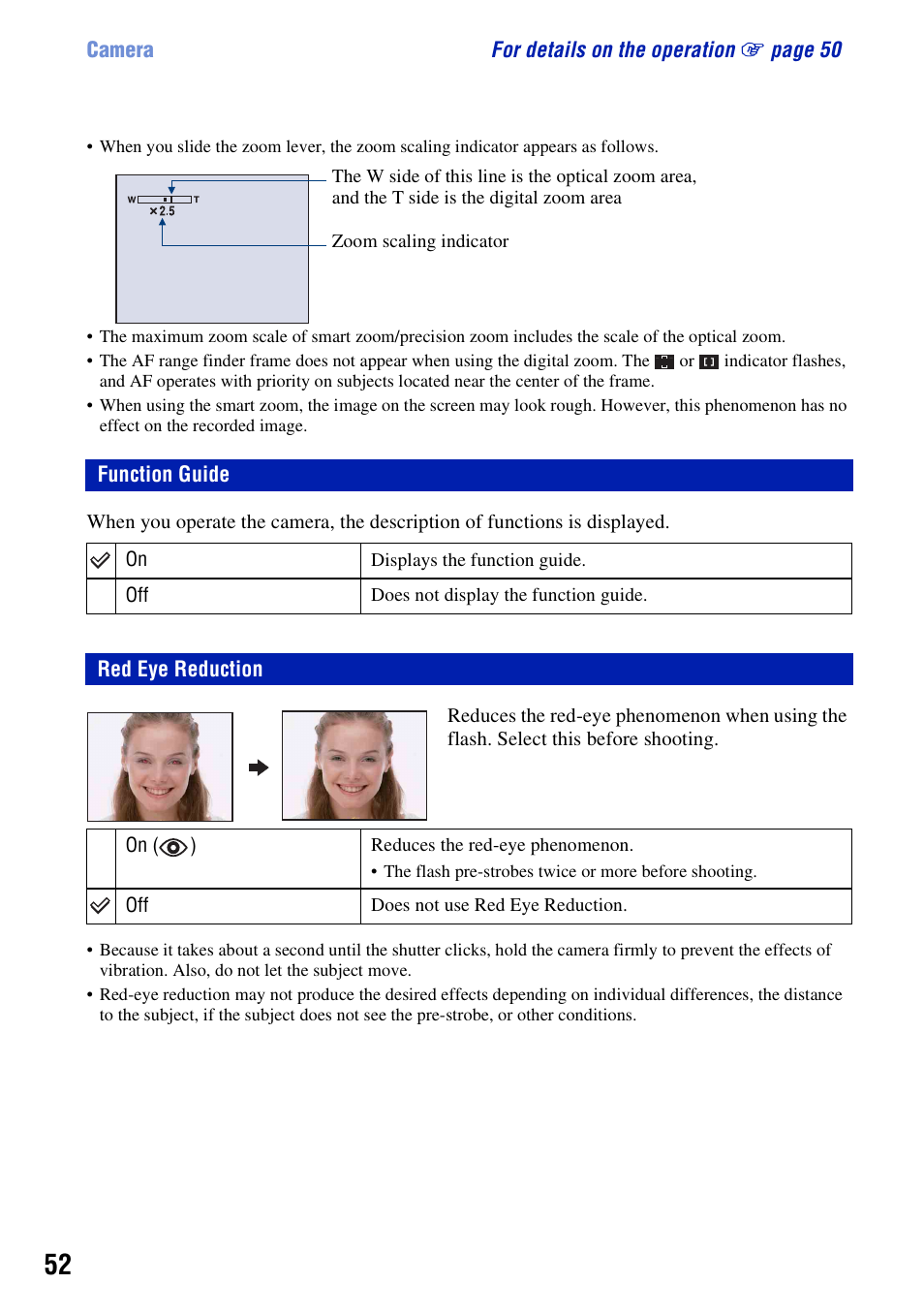 Function guide, Red eye reduction | Sony DSC-W55BDL User Manual | Page 52 / 111
