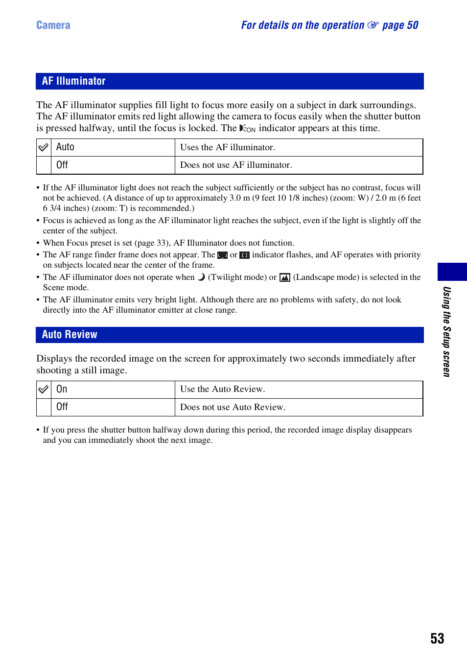 Af illuminator, Auto review, Af illuminator auto review | Sony DSC-W55BDL User Manual | Page 53 / 111