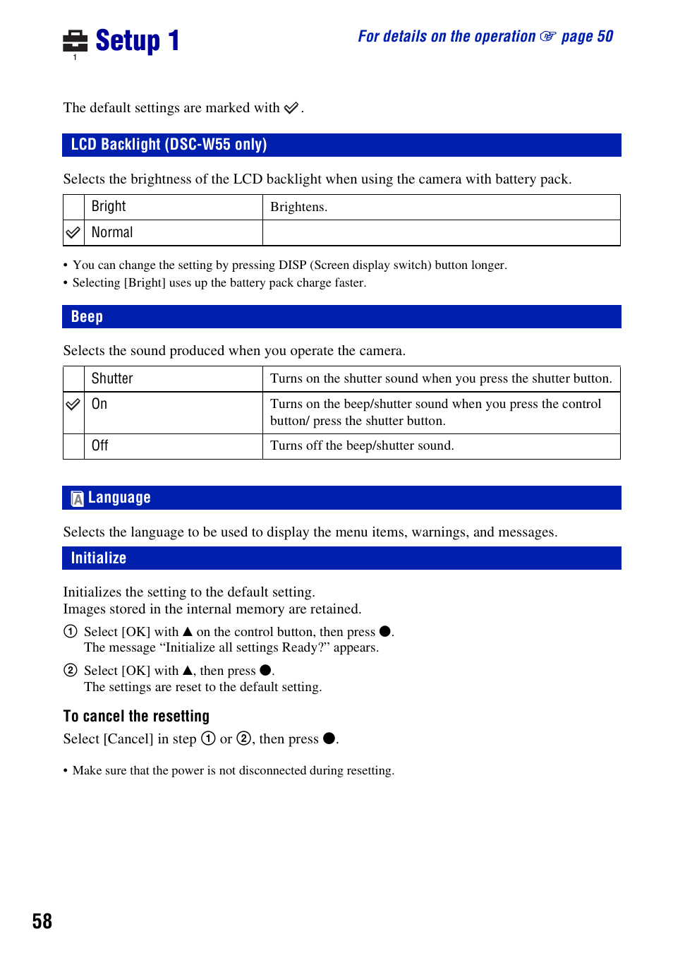 Setup 1, Lcd backlight (dsc-w55 only), Beep | Language, Initialize, Lcd backlight (dsc-w55 only) beep | Sony DSC-W55BDL User Manual | Page 58 / 111