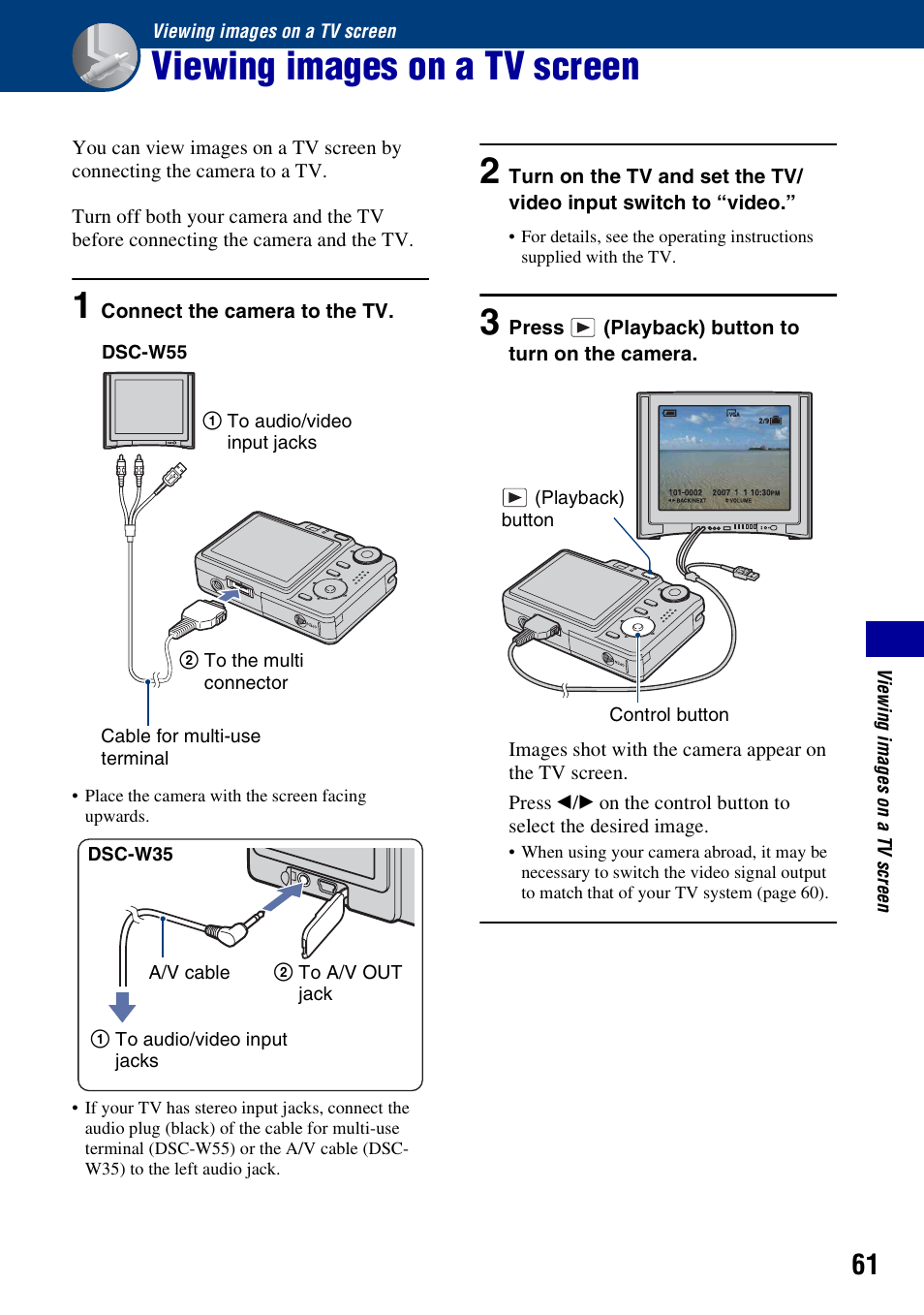 Viewing images on a tv screen | Sony DSC-W55BDL User Manual | Page 61 / 111