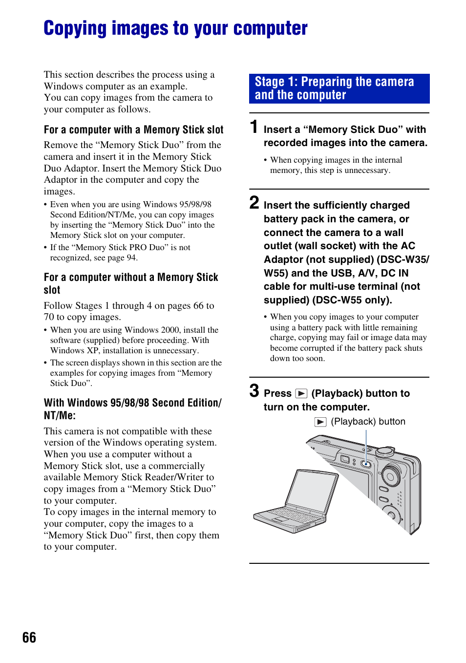 Copying images to your computer, S 66 t, Stage 1: preparing the camera and the computer | Sony DSC-W55BDL User Manual | Page 66 / 111