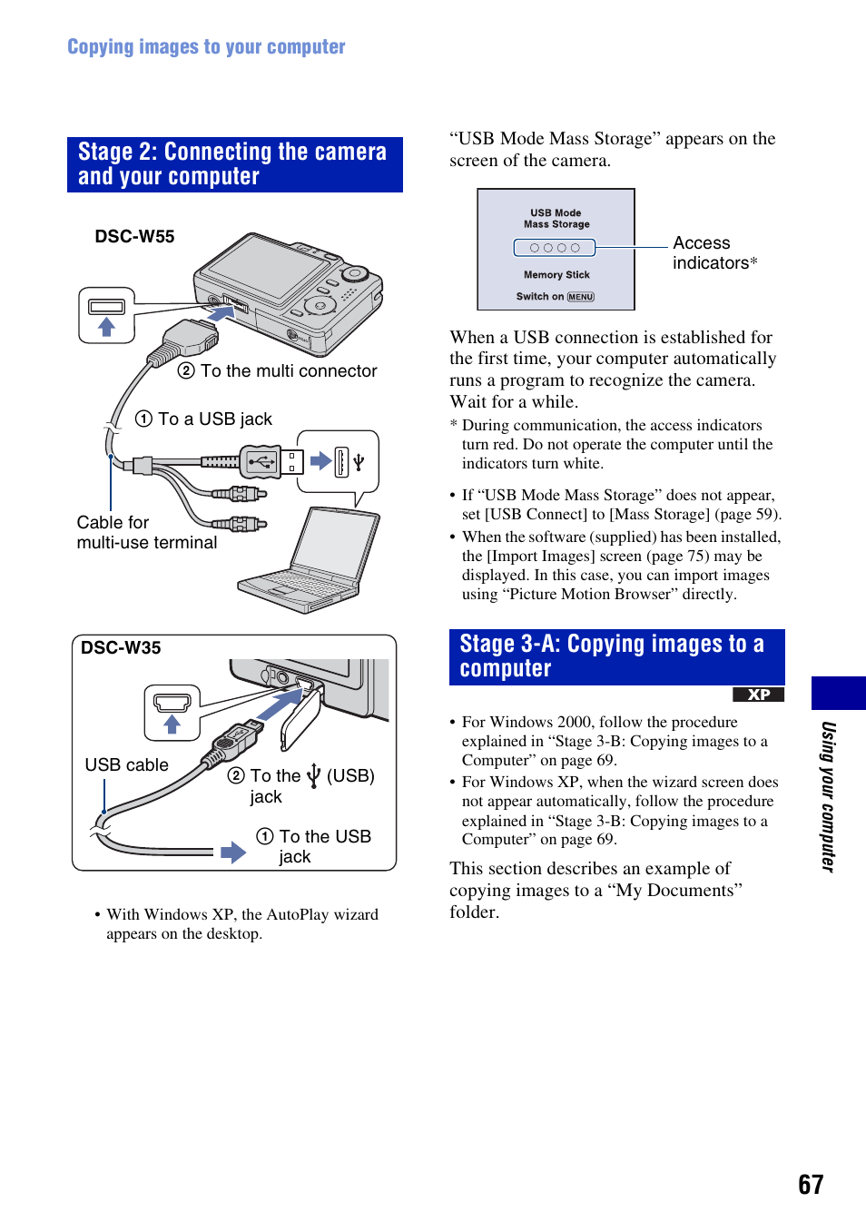67 a, Stage 2: connecting the camera and your computer, Stage 3-a: copying images to a computer | Sony DSC-W55BDL User Manual | Page 67 / 111