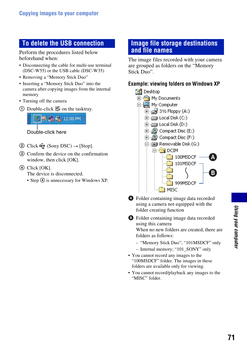 Image file storage destinations and file names | Sony DSC-W55BDL User Manual | Page 71 / 111