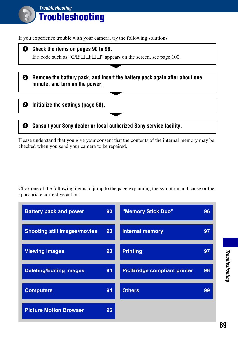 Troubleshooting | Sony DSC-W55BDL User Manual | Page 89 / 111