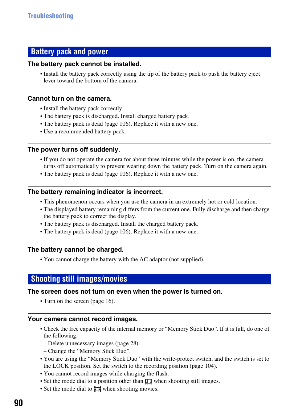 Battery pack and power, Shooting still images/movies | Sony DSC-W55BDL User Manual | Page 90 / 111