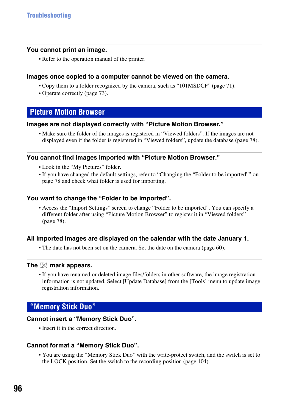 Picture motion browser, Memory stick duo | Sony DSC-W55BDL User Manual | Page 96 / 111