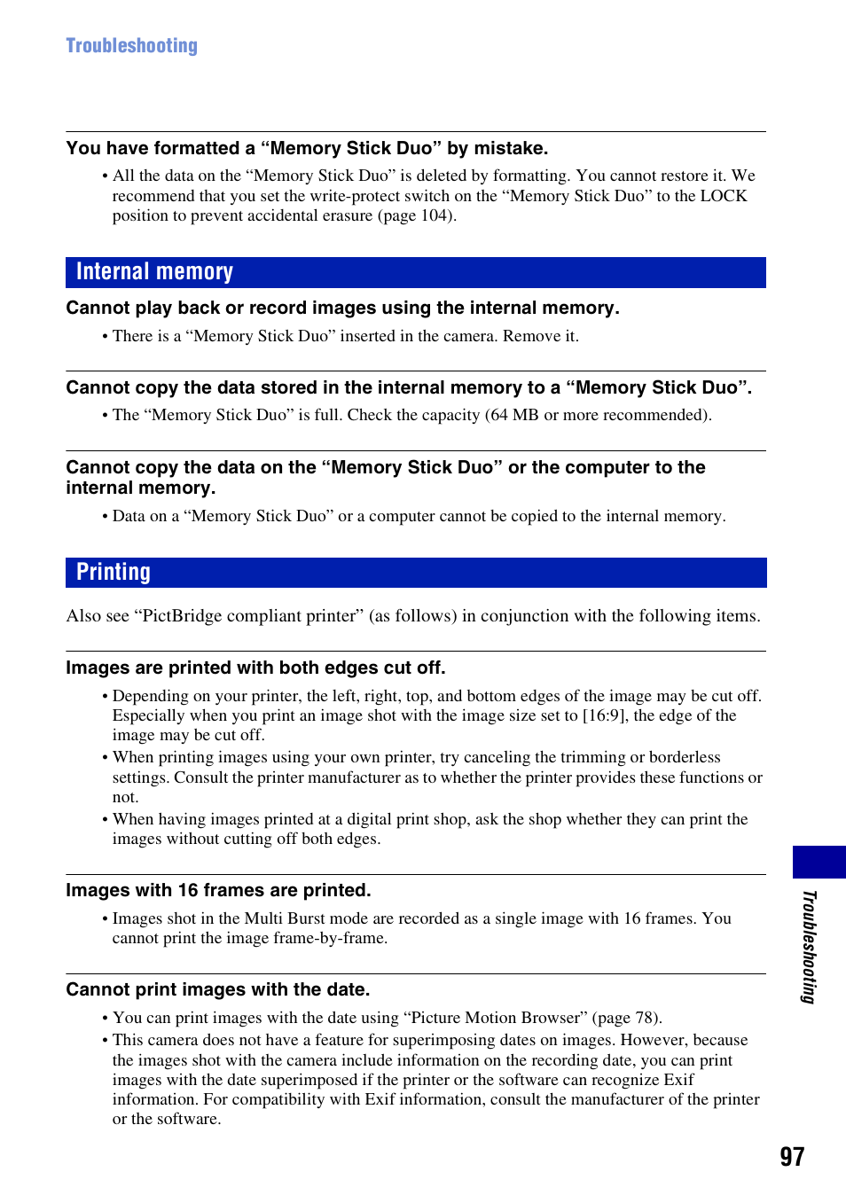 Internal memory, Printing | Sony DSC-W55BDL User Manual | Page 97 / 111