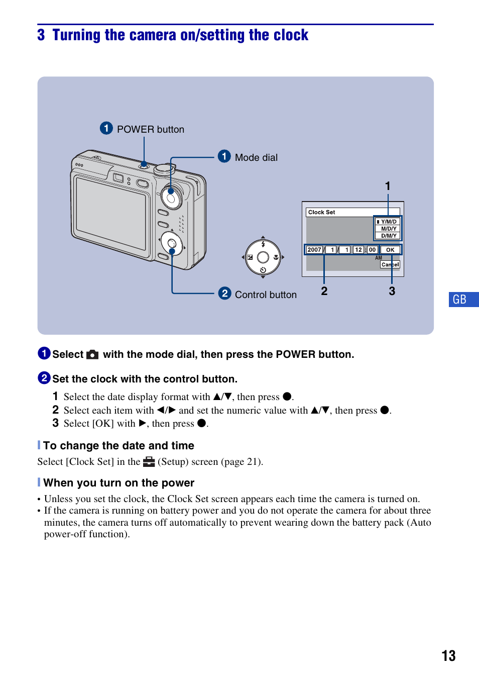 3 turning the camera on/setting the clock | Sony DSC-W55BDLWM User Manual | Page 13 / 64