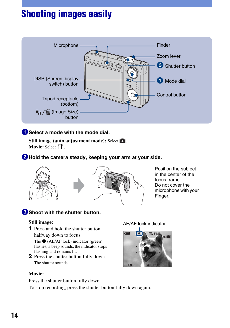 Shooting images easily | Sony DSC-W55BDLWM User Manual | Page 14 / 64