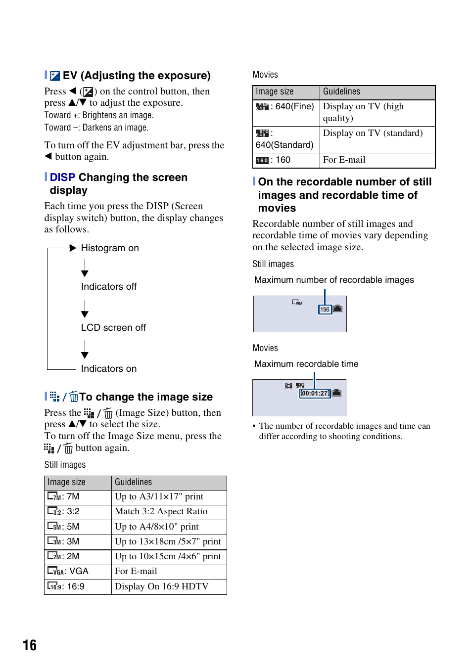 Ev (adjusting the exposure), Disp changing the screen display | Sony DSC-W55BDLWM User Manual | Page 16 / 64