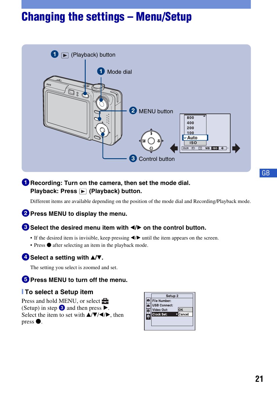 Changing the settings - menu/setup, Changing the settings – menu/setup | Sony DSC-W55BDLWM User Manual | Page 21 / 64