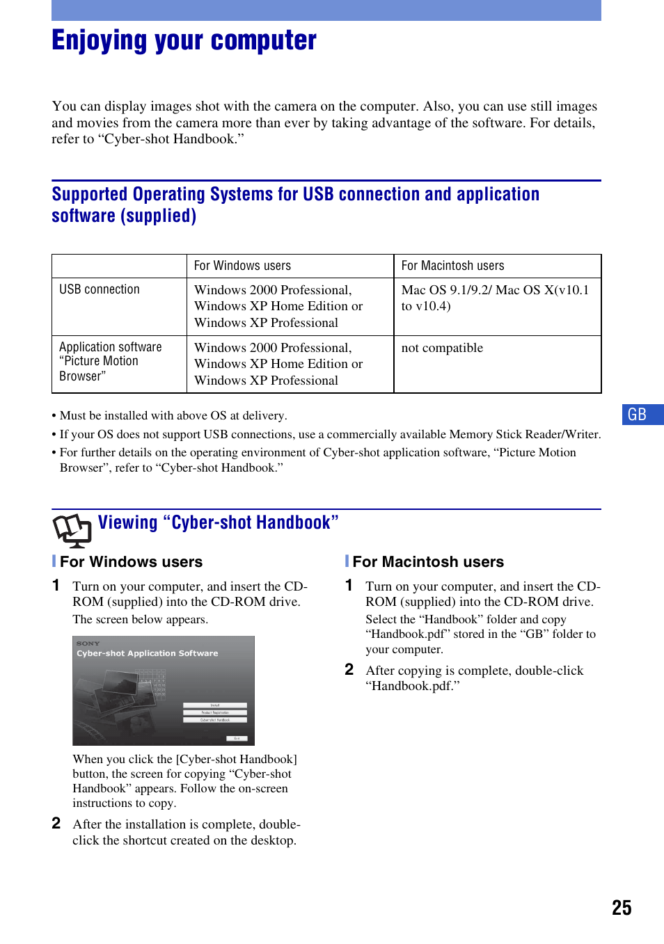 Enjoying your computer, Viewing “cyber-shot handbook | Sony DSC-W55BDLWM User Manual | Page 25 / 64