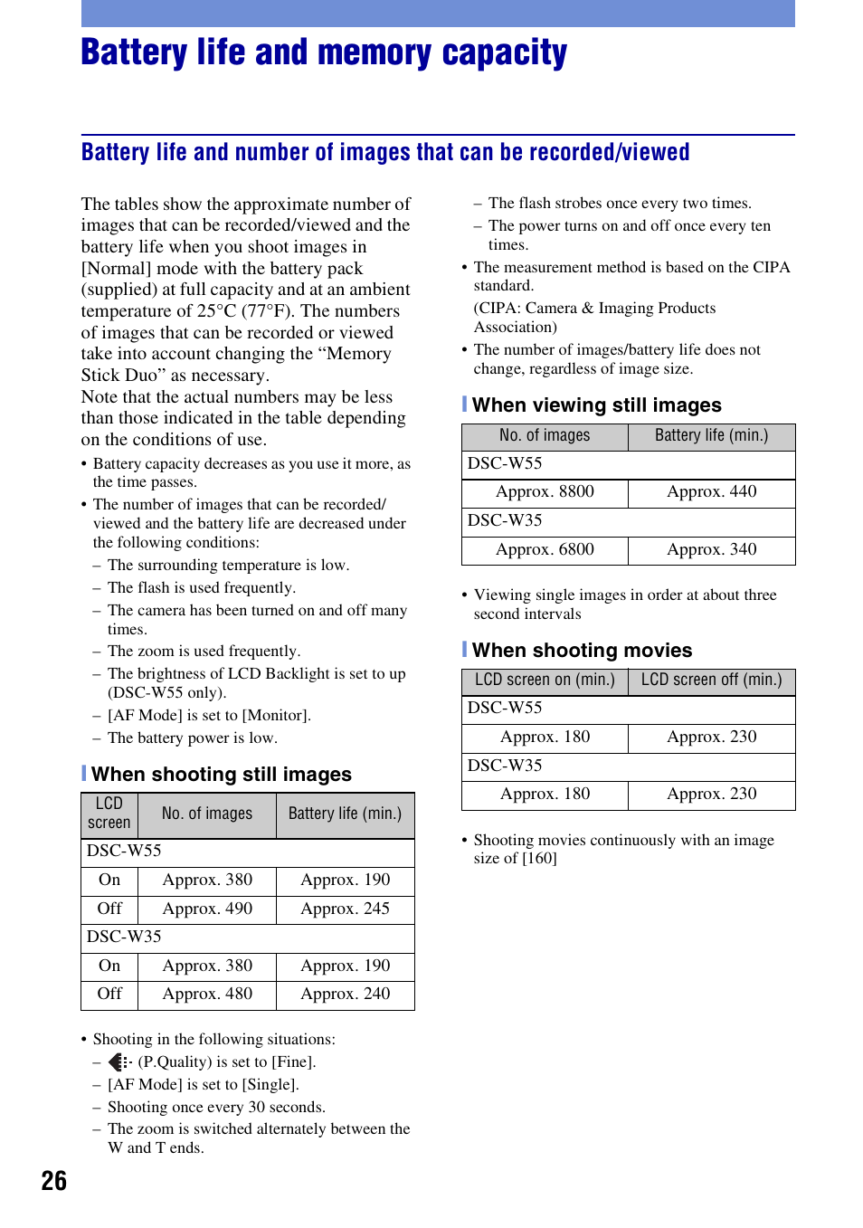Battery life and memory capacity | Sony DSC-W55BDLWM User Manual | Page 26 / 64