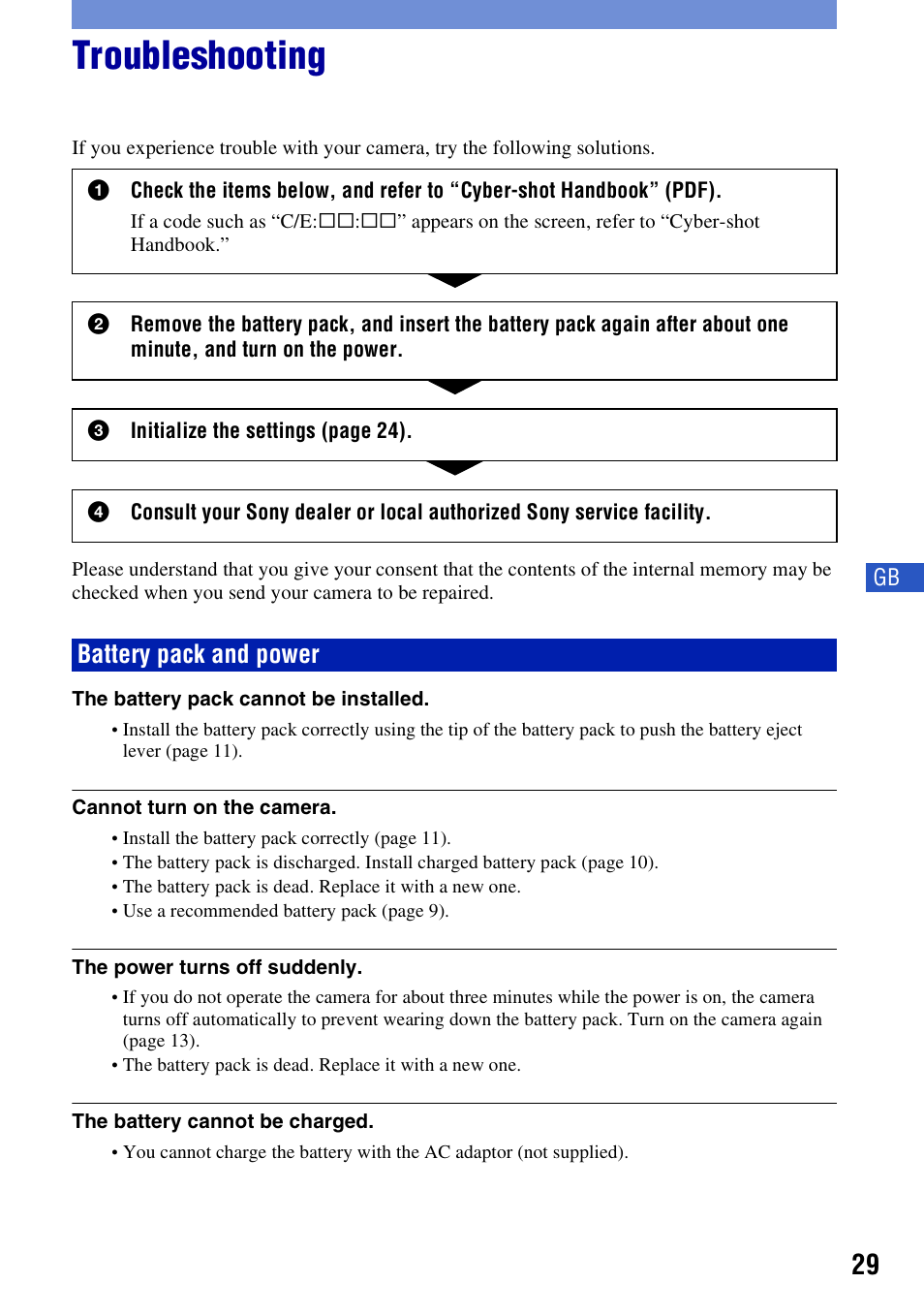 Troubleshooting, Battery pack and power | Sony DSC-W55BDLWM User Manual | Page 29 / 64