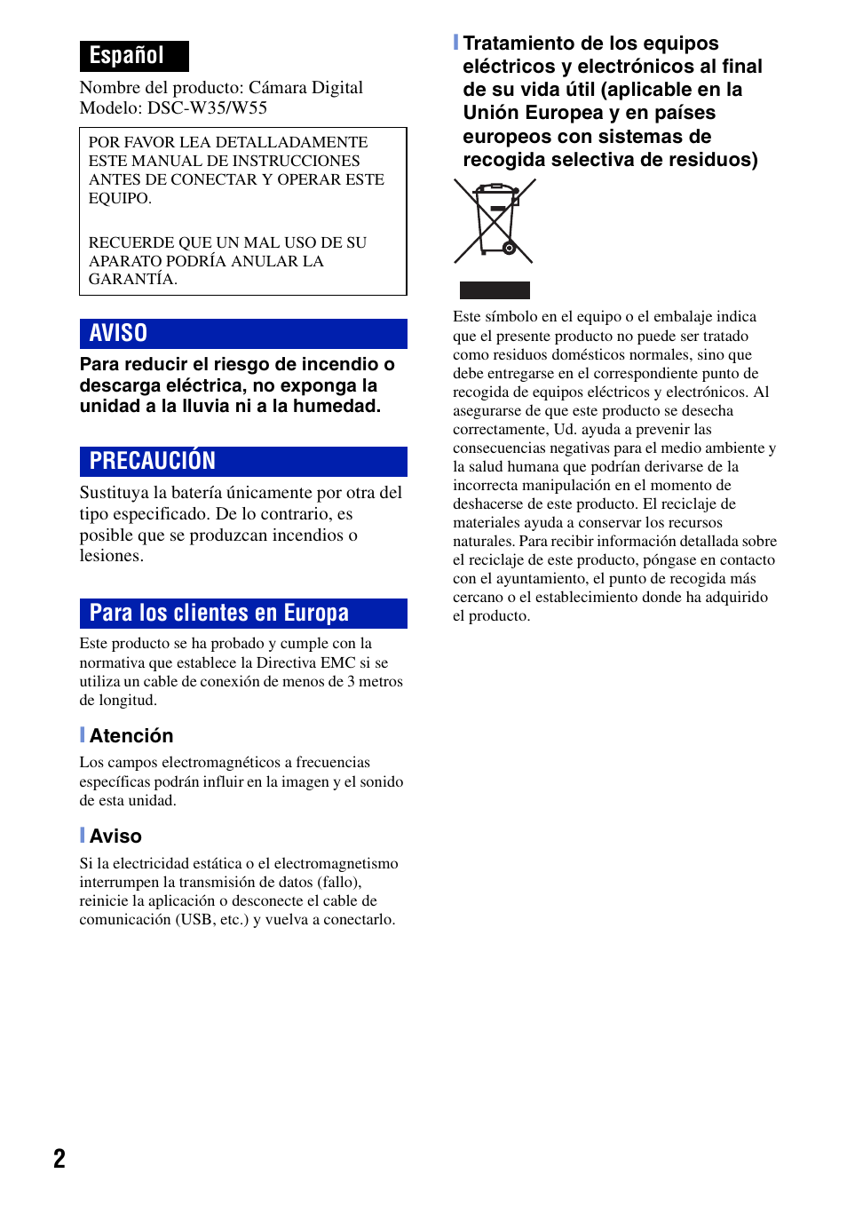 Español, Aviso precaución para los clientes en europa | Sony DSC-W55BDLWM User Manual | Page 34 / 64