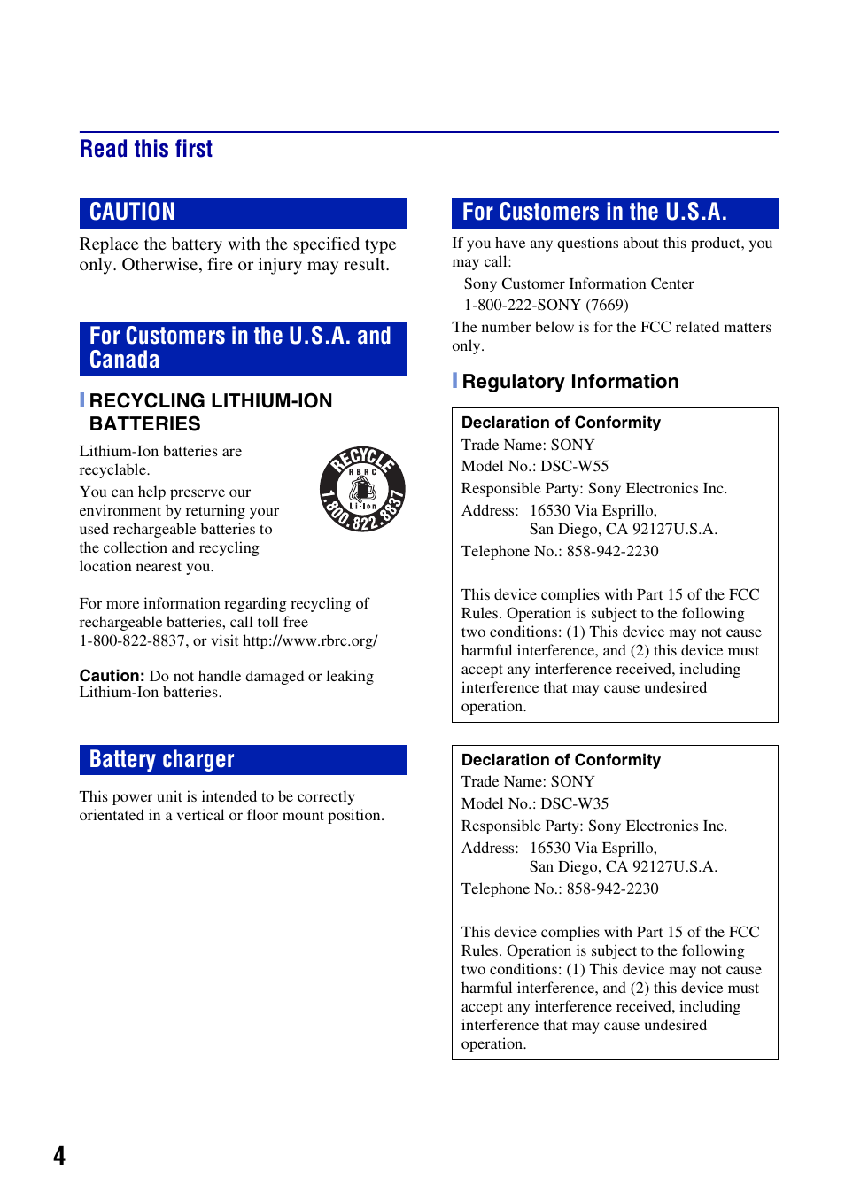 Read this first | Sony DSC-W55BDLWM User Manual | Page 4 / 64