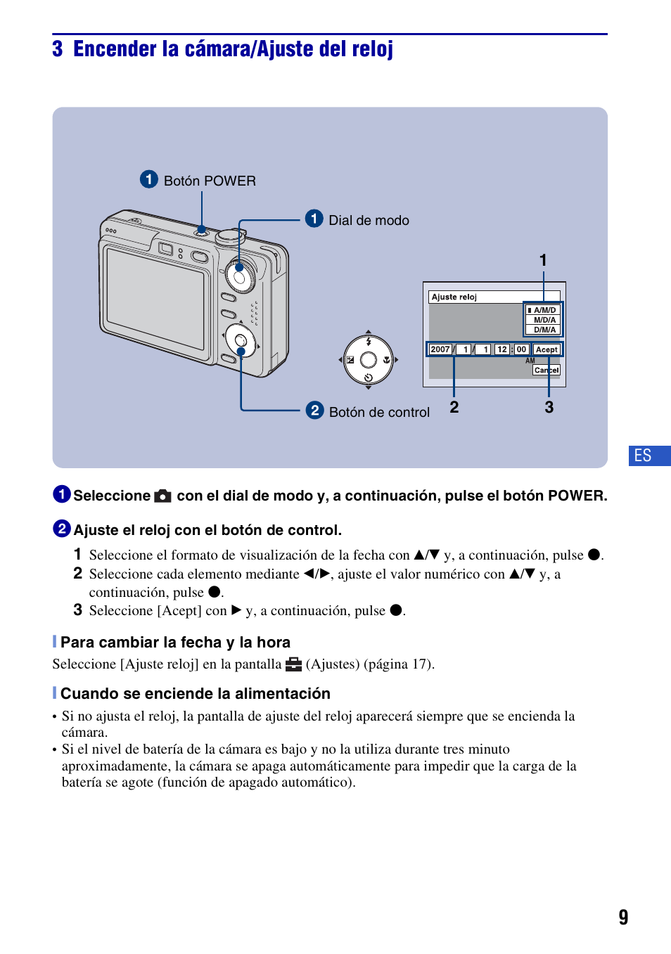 3 encender la cámara/ajuste del reloj | Sony DSC-W55BDLWM User Manual | Page 41 / 64
