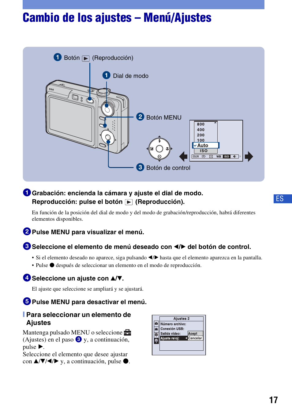 Cambio de los ajustes - menú/ajustes, Cambio de los ajustes – menú/ajustes | Sony DSC-W55BDLWM User Manual | Page 49 / 64