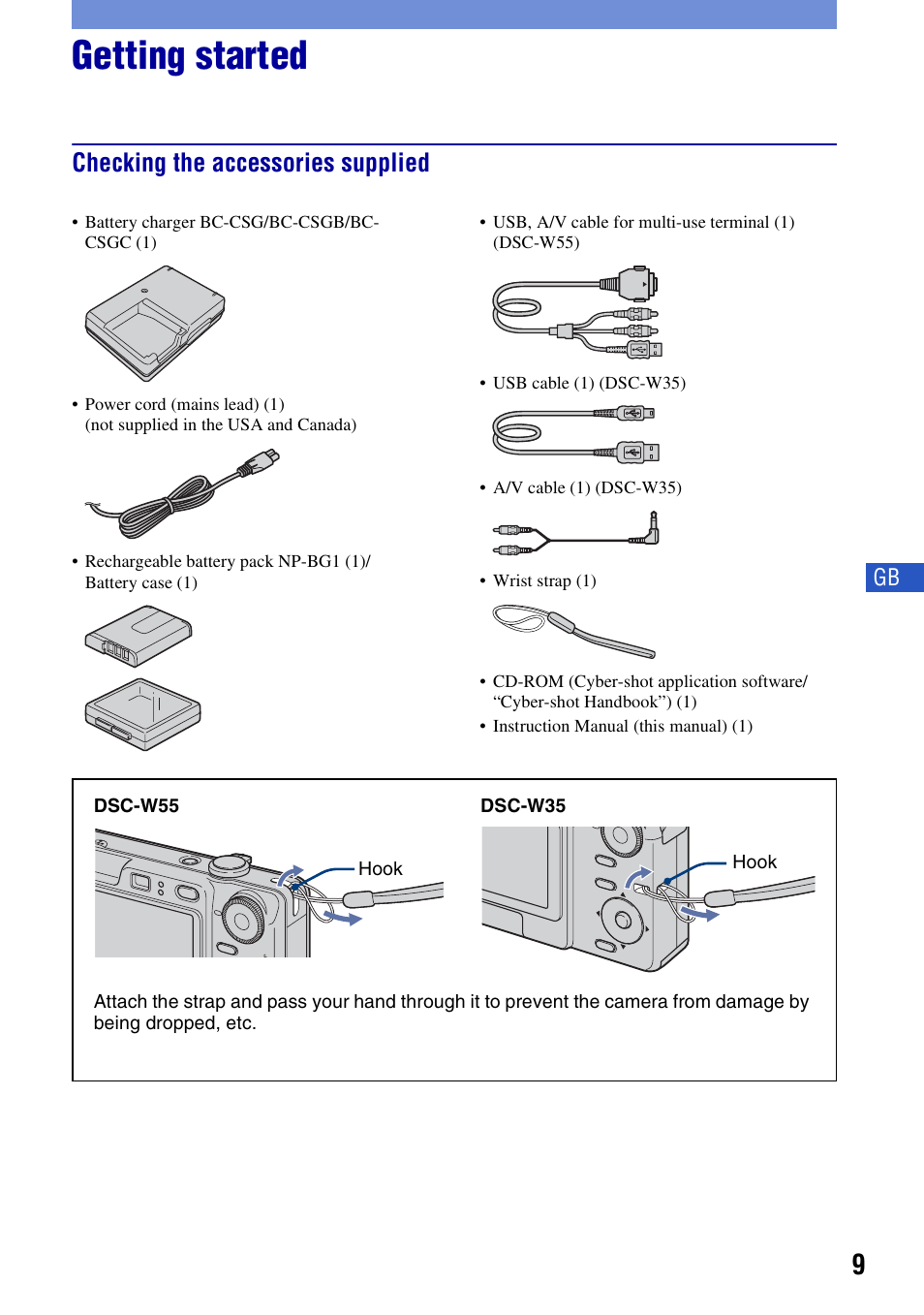 Getting started, Checking the accessories supplied | Sony DSC-W55BDLWM User Manual | Page 9 / 64