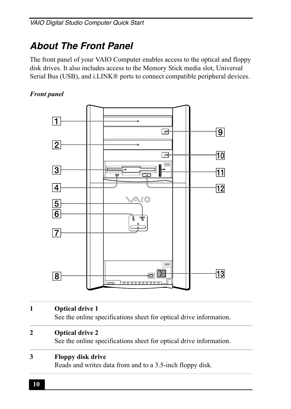 About the front panel | Sony PCV-RX860 User Manual | Page 10 / 80