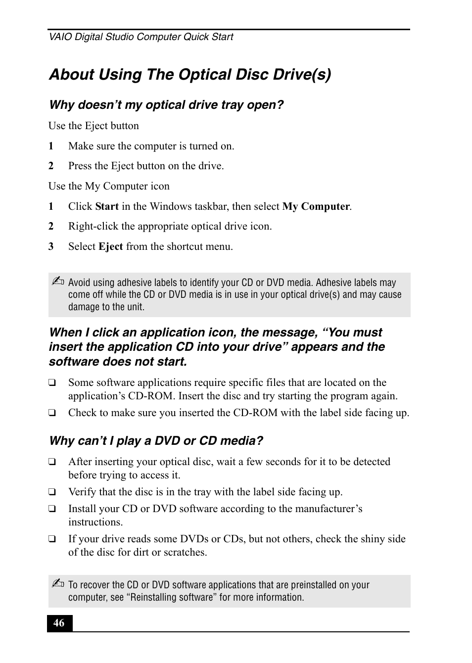 About using the optical disc drive(s) | Sony PCV-RX860 User Manual | Page 46 / 80